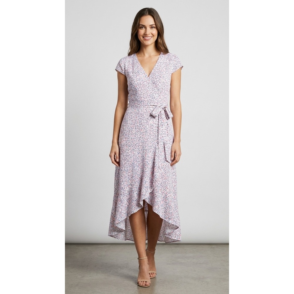 Madison Wrap Hi-Low Confetti V-neck Cap Sleeve Dress Women's XL Tie Waist Lined